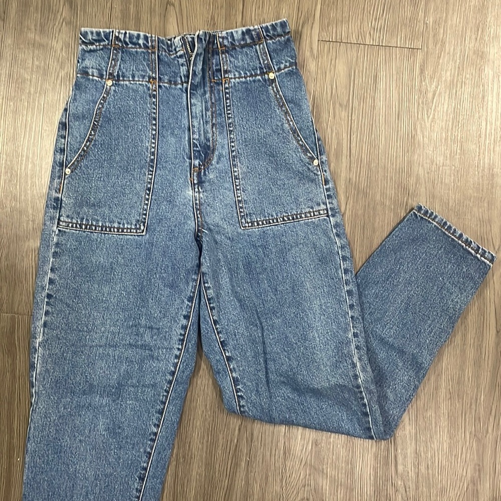 Medium Blue straight leg mom jeans.
